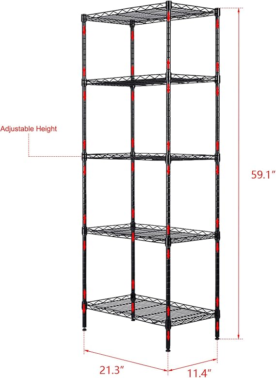 Storage Shelves 5 Tier Shelving Metal Storage Rack 59.1 H x 11.4 W x 21.3 D Adjustable Wire Shelving Unit for Kitchen Basement Pantry Closet Shelves for Garage Shelves Utility Rack Shelf,Black
