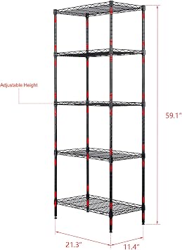 Storage Shelves 5 Tier Shelving Metal Storage Rack 59.1 H x 11.4 W x 21.3 D Adjustable Wire Shelving Unit for Kitchen Basement Pantry Closet Shelves for Garage Shelves Utility Rack Shelf,Black