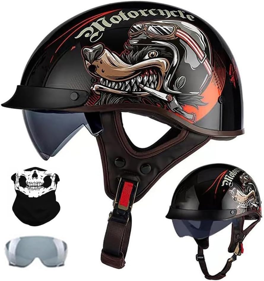 Casque jet demi-coque rétro D pour scooter et moto cruiser avec visière intégrée taille L