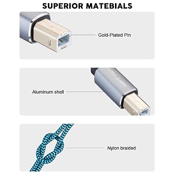 USB B to USB C Printer Cable 10FT/3M - Nylon Braided Type B to Type C Printer Cord for MacBook Pro/Air, MIDI Cable Compatible with Yamaha Piano Keyboard, DAC, DJ Controller for iPad