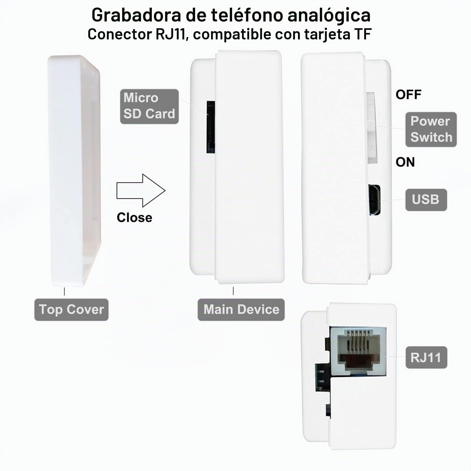 Asixxsix Grabadora de Teléfono, Mini Grabadora de Voz de Audio de Teléfono con Memoria de 32 GB, Grabación en Bucle Interfaz Rj11 Grabadora de Llamadas de Teléfono Fijo para el Hogar Y la Oficina