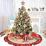 ▶ FALDA DE ÁRBOL NAVIDAD - Estilo del arpillera de la tela escocesa Estilo del diámetro de la falda del árbol de navidad es 48inches / 122cm con una abertura del centro de 3.5inches / 9cm. Vintage y perfecto para decoraciones navideñas de invierno y trae el espíritu navideño a tu hogar.