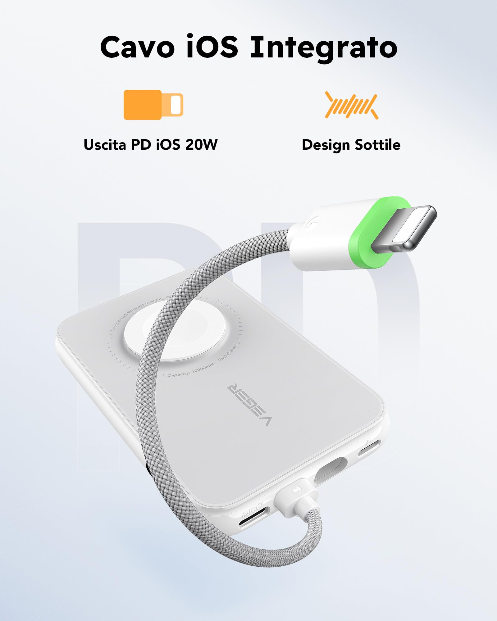 VEGER Power Bank 10000mAh con Cavi Integrati compatibile con iPhone Apple Watch, 20W PD Ricarica Rapida Mini Powerbank USB C Batteria Esterna 4 Ingressi e 3 Uscite con LED Display