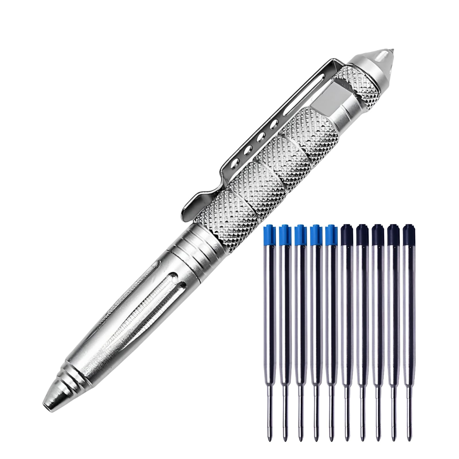 Bolígrafo Táctico, Bolígrafo Autodefensa Multifuncional Aluminio Portátil con Carburo Rompecristales con 5 recambios negros y 5 azules Camping Supervivencia Emergencia (plateado)