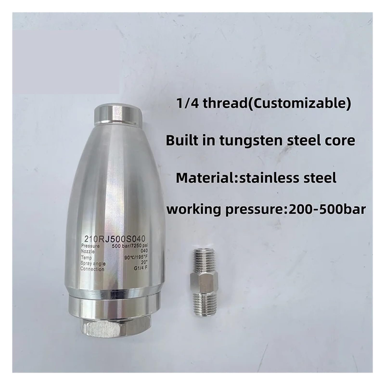 Boquilla giratoria Turbo de Agua de Alta presión (500/600 Bar, 7200 PSI) con conexión rápida y núcleo de Acero de tungsteno.(500bar-1l4-040)