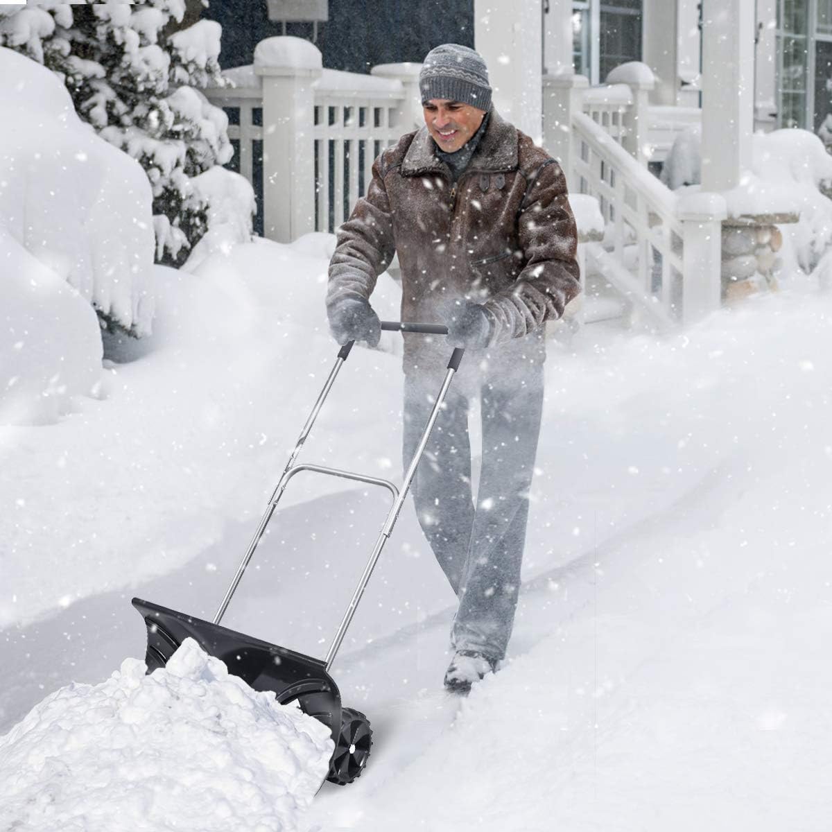 review S AFSTAR Rolling Snow Pusher, Heavy Duty Wheeled Snow Plow w/ 6 Inch Wheels and Adjustable Handle, Rolling Snow Removal Tool for Drive Way Walkway Pavement Clearing