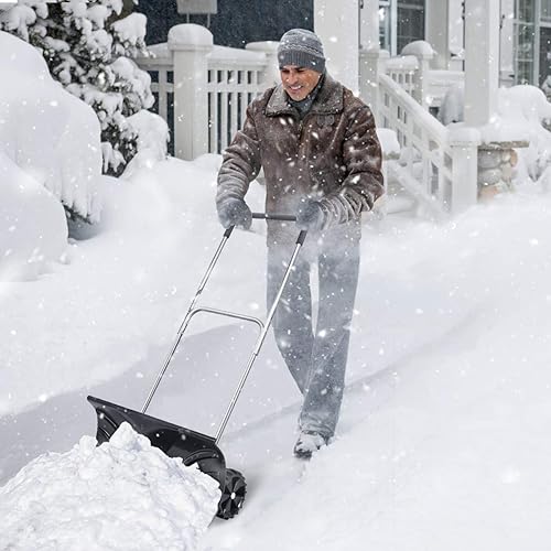 Miniatura 4 de S AFSTAR Empujador de nieve rodante, quitanieves con ruedas de alta resistencia con ruedas de 6 pulgadas y mango ajustable, herramienta de
