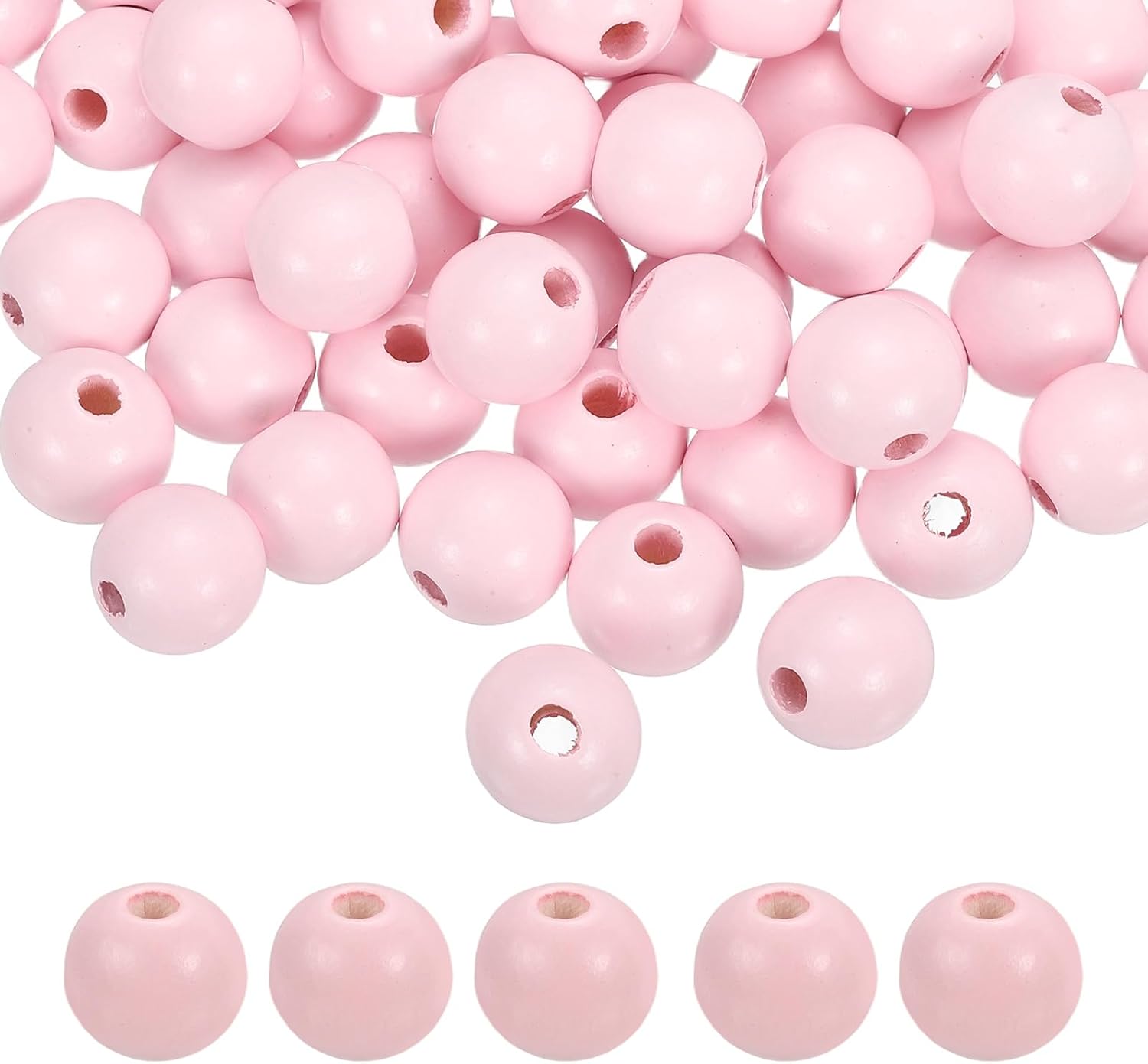 MECCANIXITY 100pcs Light Pink Colored Wooden Beads 16mm Dia. 4.3mm Hole Large Round Natural Dyed Wood Loose Spacer Ball Bulk for DIY Bead Crafts Making Home Decor
