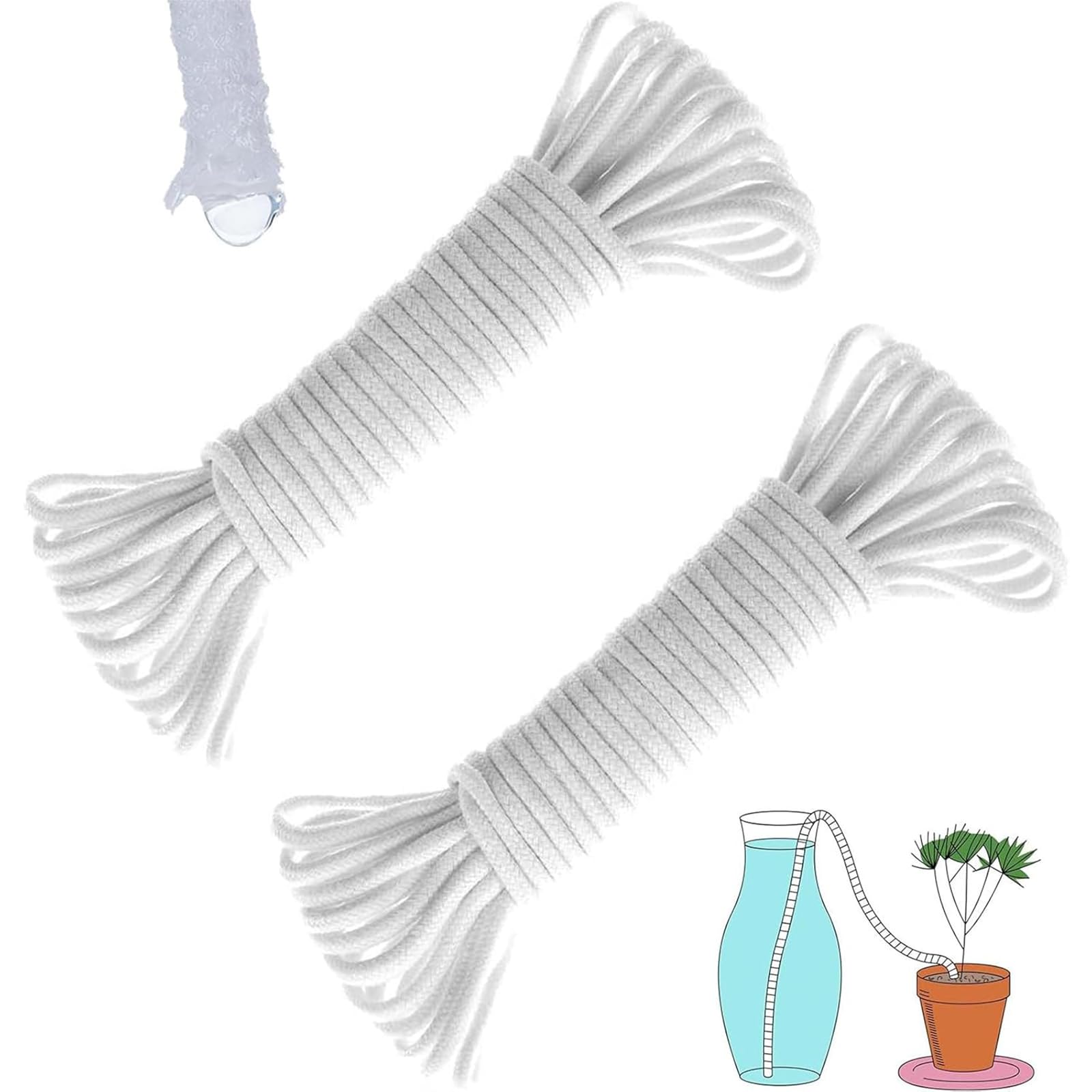 2Pcs Self Watering Wick, Plant Watering Hydroponic Wicking Self-Watering, 30 Feet Potted self Watering Rope for DIY Plant Automatic Watering Device