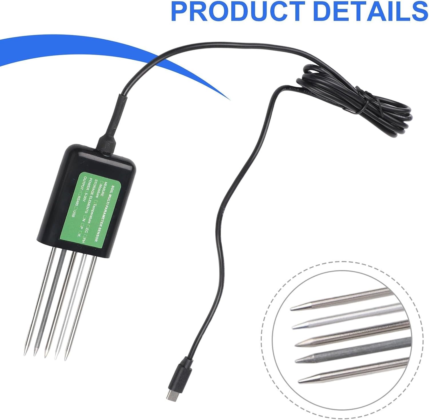 USB Soil Sensors 7-in-1 For Android, IP68 Waterproof NPK PH Temperature Humidity Meters With 1.5m Cables For Garden Research