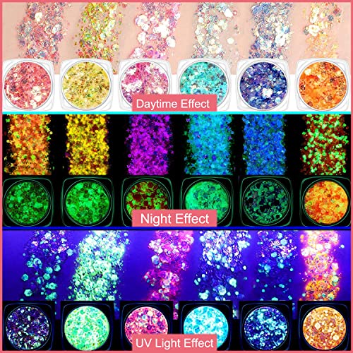 15 Colors Glow In The Dark Face Body Glitter Gel, Holographic Iridescent Chunky Glitter For Women, Uv Black Light Glitter For Body/Face/Hair/Eyeshadow/Nail, Glitter Makeup For Carnival Party (Set B) #TOP1