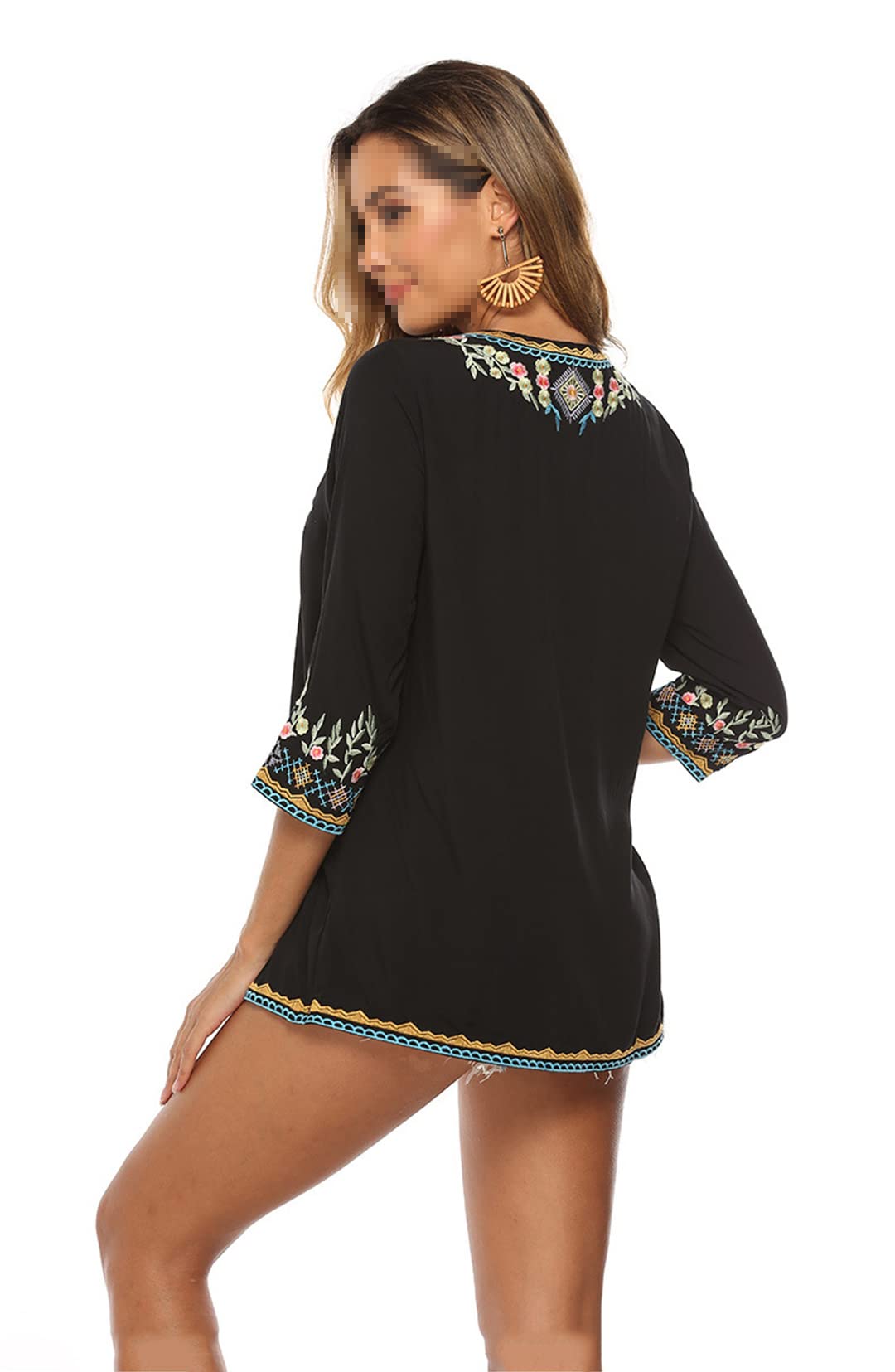 Generic Camicetta da Donna con Scollo a V Manica a 3/4 Camicetta con Ricamo Tunica Camicie Casual Larghe da Contadino Boemo