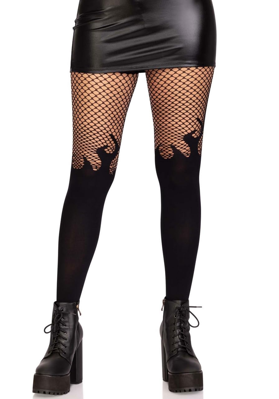 Leg Avenue Women's Opaque Flame Tights with Fishnet Top Costume Hosiery, Black, One Size