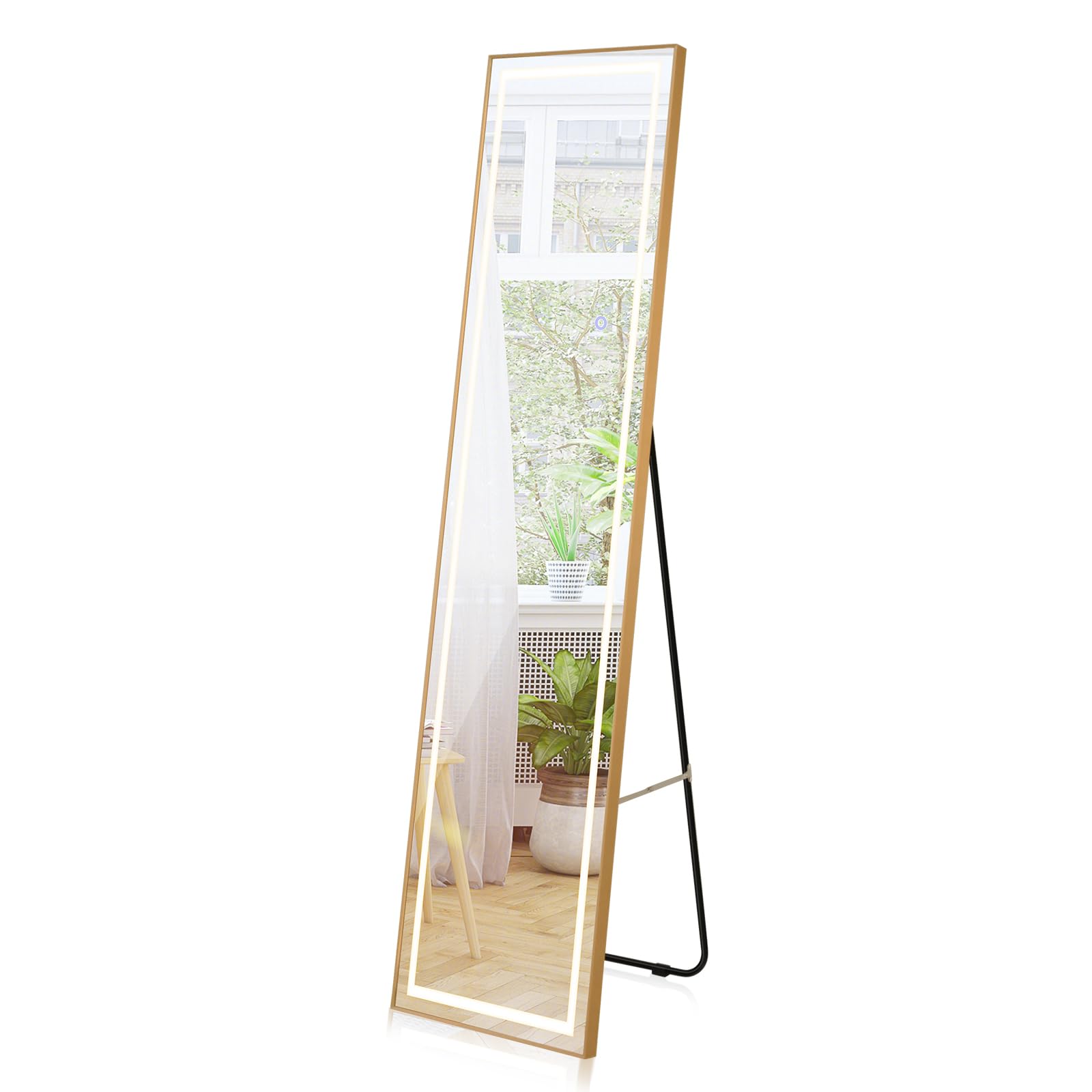 LIFEZEAL Espejo de pie con Luces LED, Espejo de Cuerpo Entero con Marco de Aluminio Dorado, Espejo de Pared Grande, 37 x 38 x 155 cm, para salón, Dormitorio (Forma 2)