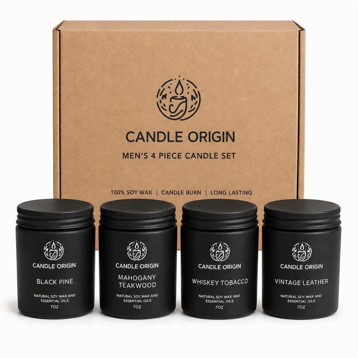 Mahogany Teakwood Candles for Men Gift Set, 4 Pack 7oz Soy Wax