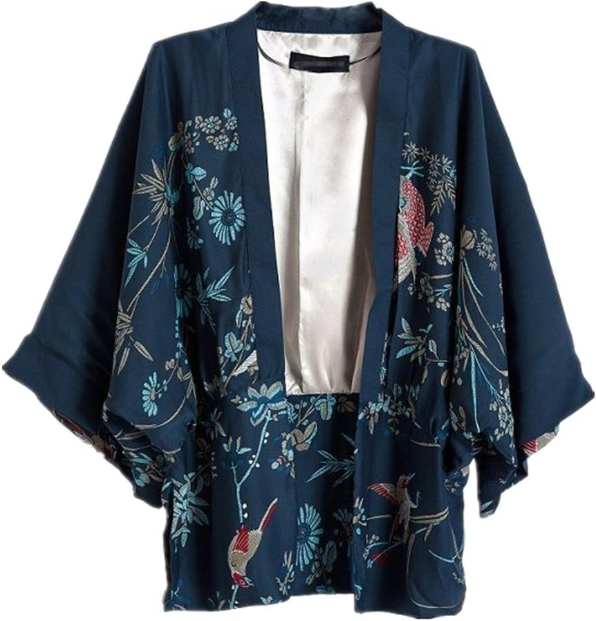 Ihomeu Women Kimono Cover Up Japanese Style Cardigan Floral Print 3/4 Sleeve Women Blouse Coat Casual Jacket