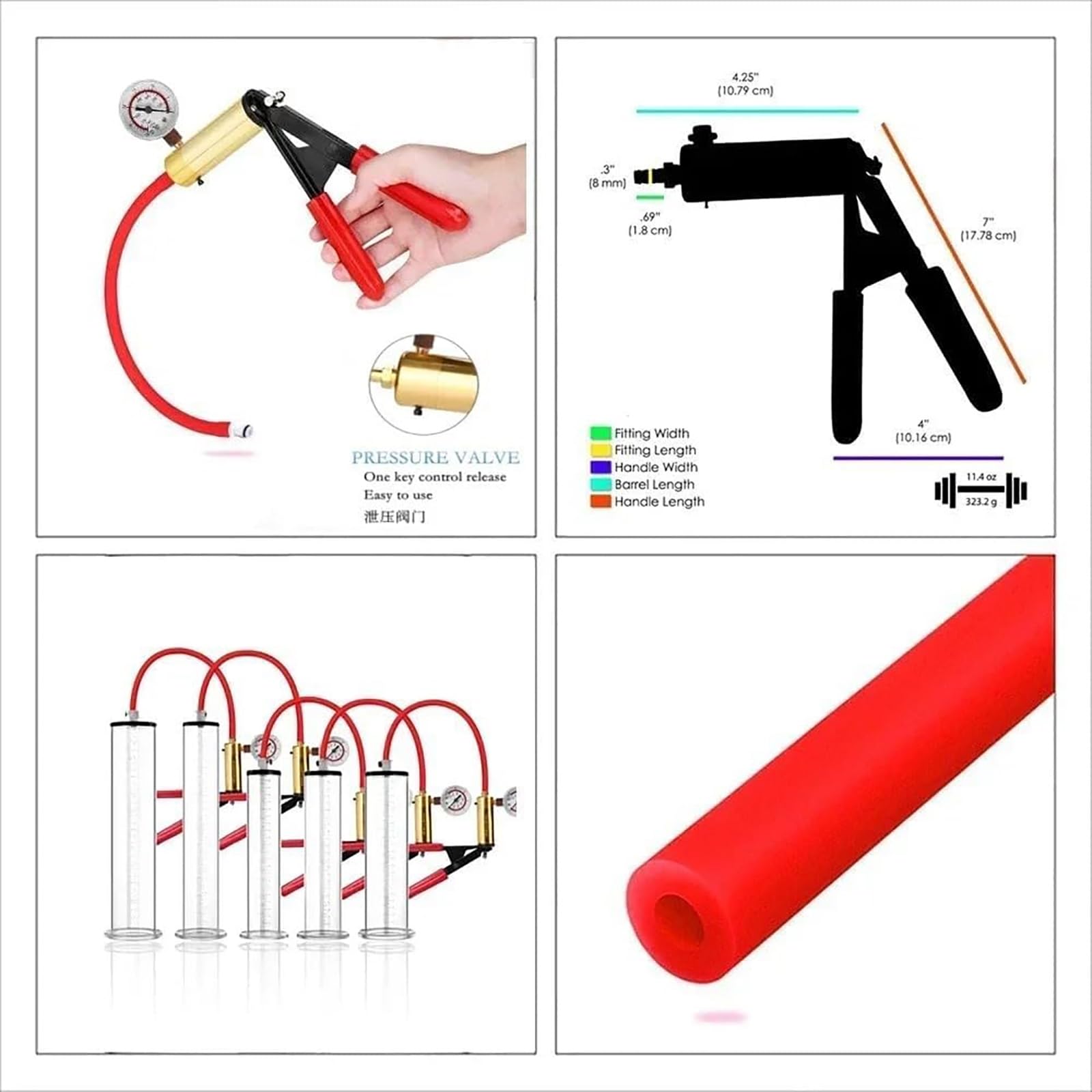Pompa for pene con manometro a vuoto, manico rosso, pompa manuale for pene uomo, ingrandimento, ingrandimento del con 12 misure for uomo(9 * 1.75in/23 * 4.4cm)