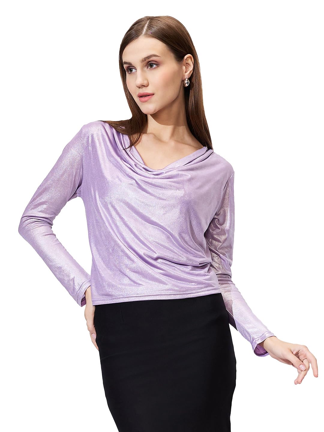 globus Women Cowl Neck Long Sleeves Stretchable Shimmer Party Top-picture-38