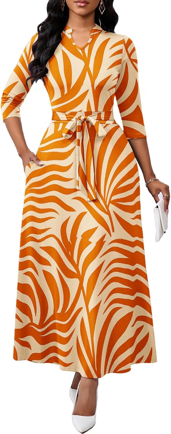 BubFee Maxi Dresses for Women Semi Formal Long Dress 3/4 Sleeve Casual A-line Church Dresses with Pockets