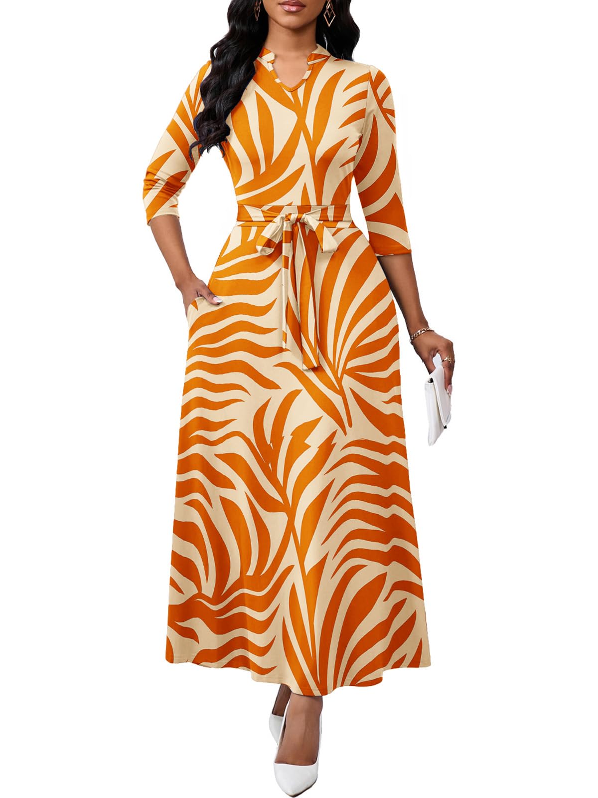 Maxi Dresses for Women Semi Formal Long Dress 3/4 Sleeve Casual A-line Church Dresses with Pockets