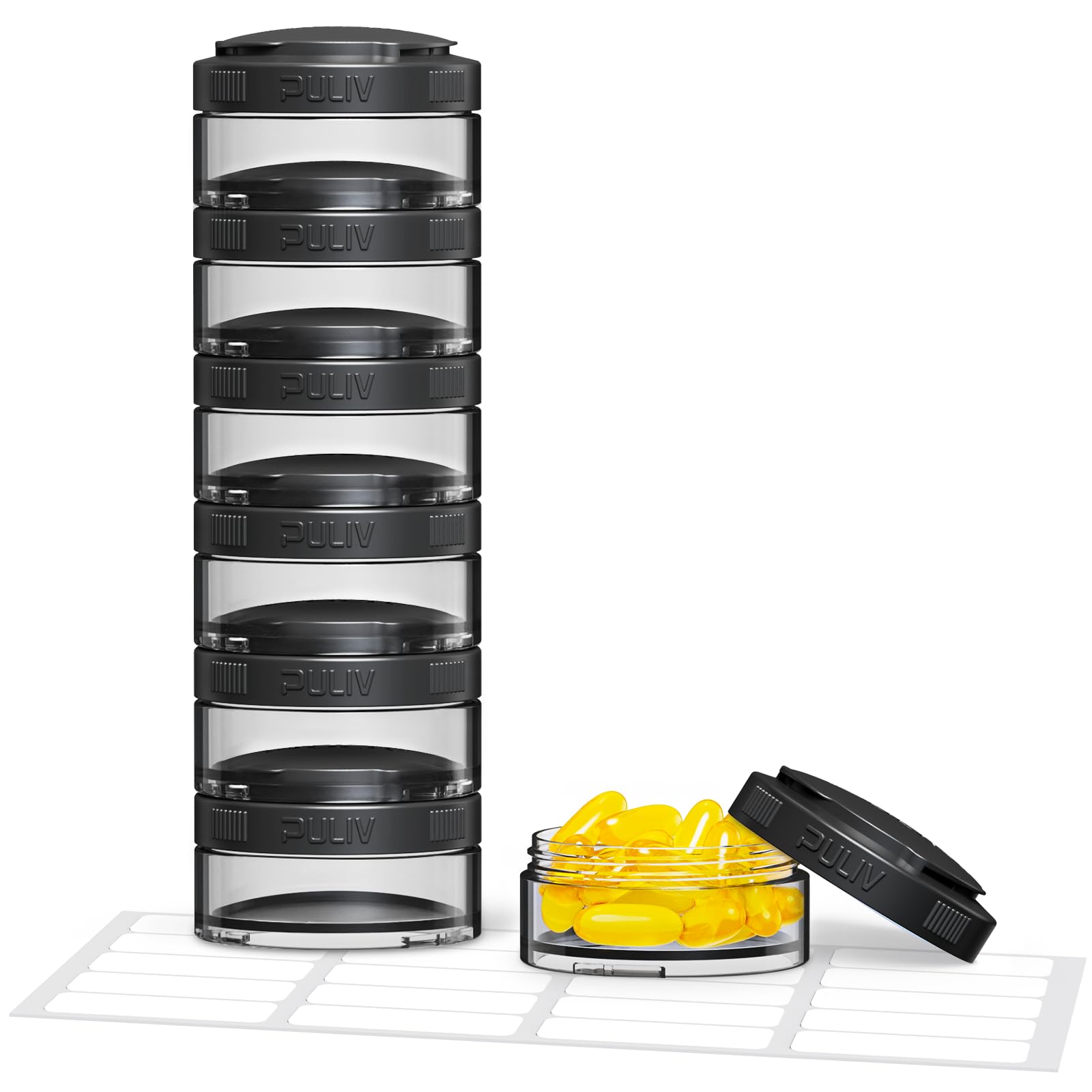 PULIV Stackable Weekly Pill Organizer for Flexible Use, Large Travel Pill Box Case 7 Day with Wide Openings for Easy Retrieval & Filling, BPA-Free, 20 Stickers, Holds Vitamins, Supplements, Fish Oils