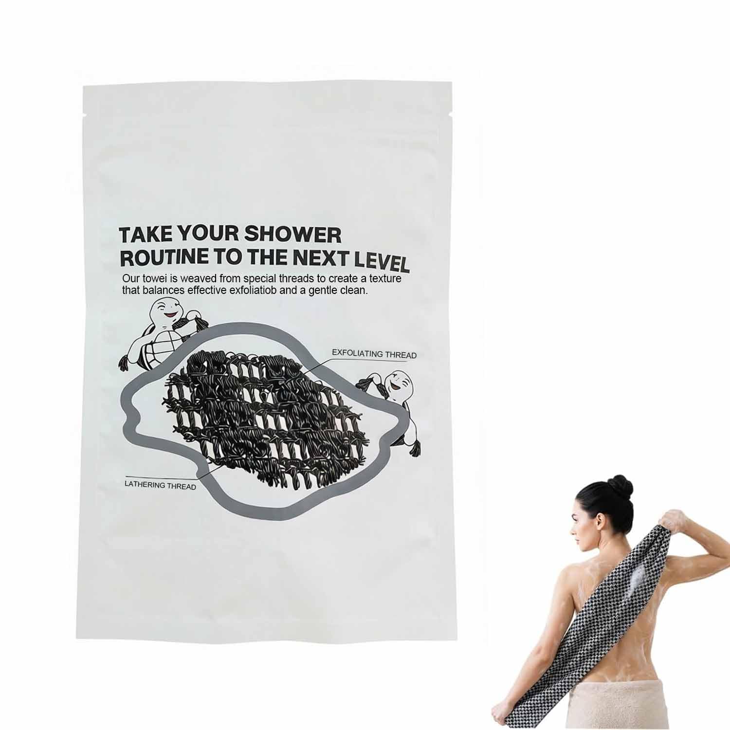 moniko Exfoliating Shower Towel 37" for Men & Women – Deep Clean Dual-Sided Body & Face Washcloth, Quick-Dry, Odor-Resistant, Extra-Long Scrub Cloth for Smooth, Radiant Skin (Black)