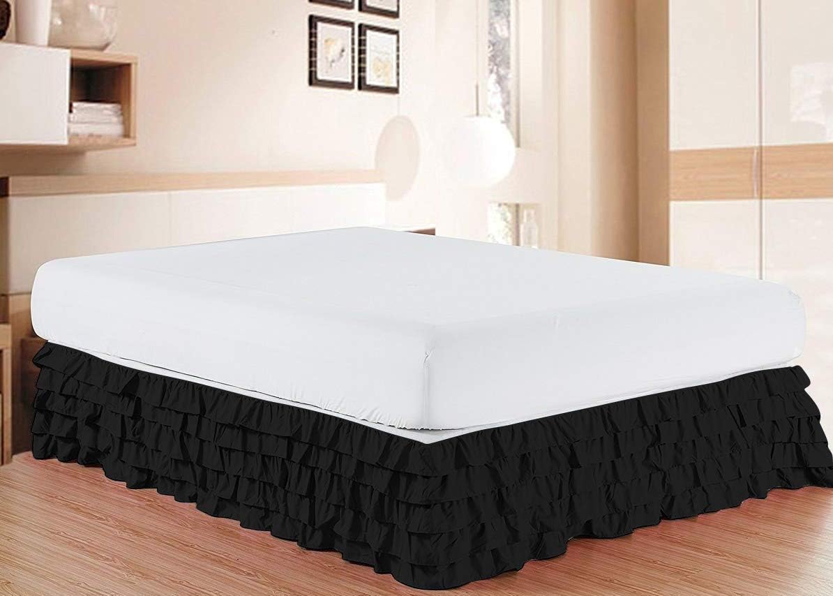 Queen Size Bed Skirt 550-TC Egyptian Cotton - 5 Layer Unique Design Multi-Ruffle Bed Skirt - Multi Ruffle Bed Skirt Elastic with Wrap Around, 20 Inch Drop Length, Queen Size, Black Solid