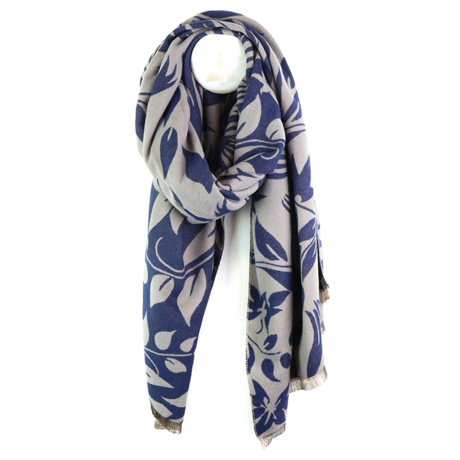 POM Collection Womens Winter Jacquard Scarf Versatile Design (Blue & Grey Leaf, 65cm x 180cm)