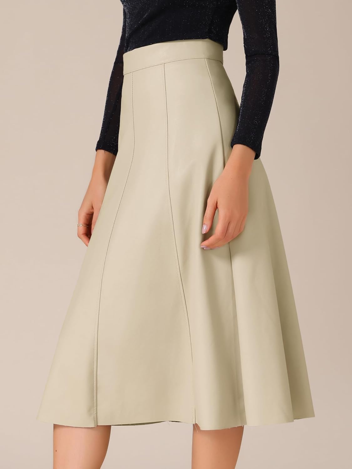 Allegra K Women's Faux PU Leather Skirt High Waist Party A Line Midi Skirts - Image 3