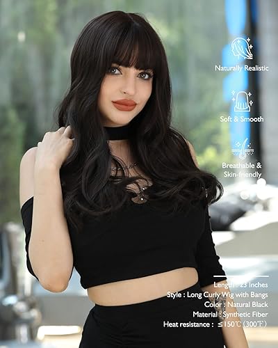 Miniatura 2 de Peluca larga negra con flequillo, peluca natural ondulada morena para mujer, resistente al calor, pelucas de pelo sintético de fibra para uso