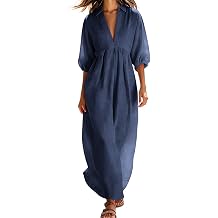 Womens Puff Sleeve Linen Maxi Dresses 3/4 Sleeve V Neck Collared Pleated Casual Loose Boho Beach Dress for Women