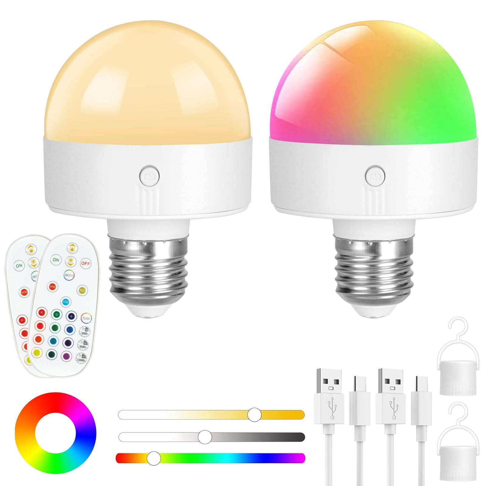 HOTUT Rechargeable Light Bulbs with Remote,E26/E27 Battery Light Bulb,RGB Color Changing Bulb with 3 Memory Function,15 Color Choices,Dimmable Battery Powered Light Bulbs for Non Hardwired Lamps