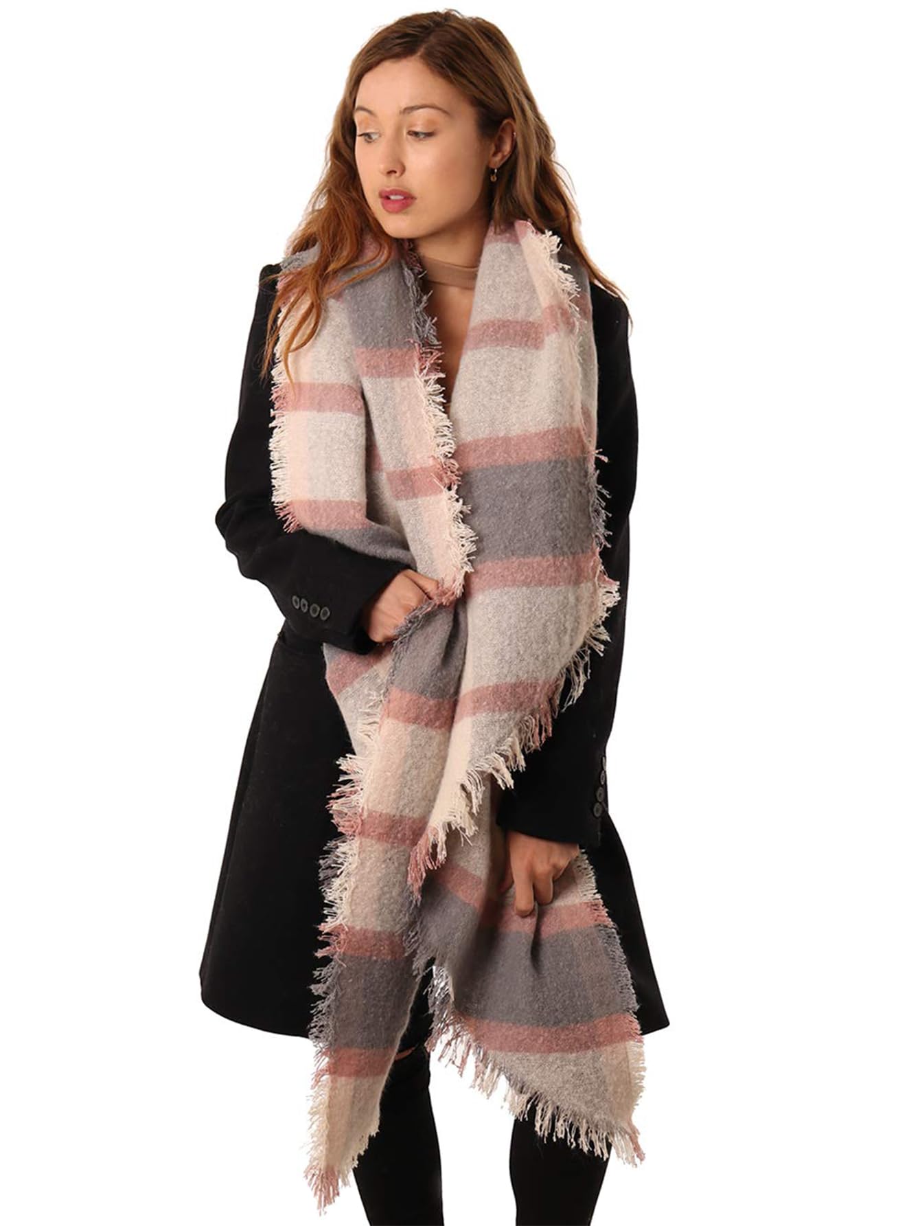 Style Slice Women's 03-Pink Tartan Blanket Scarf Tartan Scarf Thick Warm Blanket Scarves, Plaid Check Long Large Oversized Soft Shawl And Wrap Christmas Gifts For