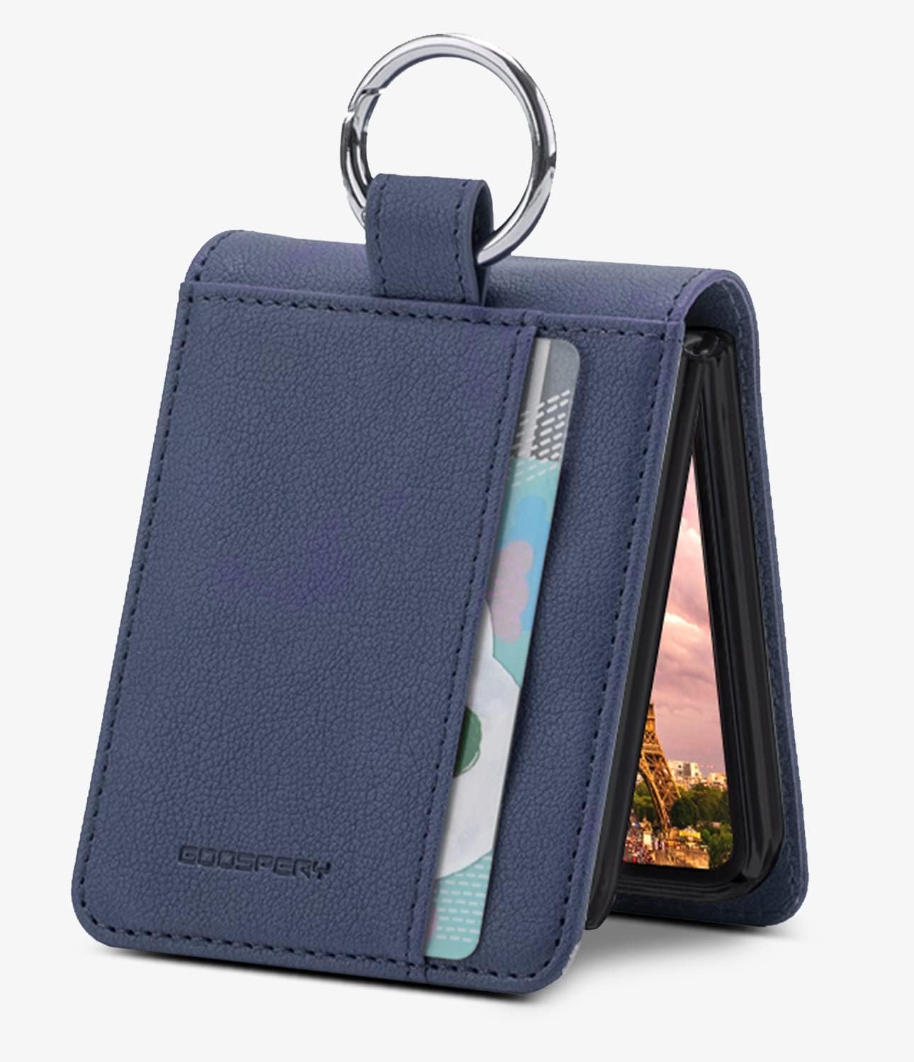GOOSPERY Card Wallet Ring Case Compatible with Galaxy Z Flip 4 Case, Card Holder Pocket Storage Premium PU Leather Key Ring Wallet Cover, Navy