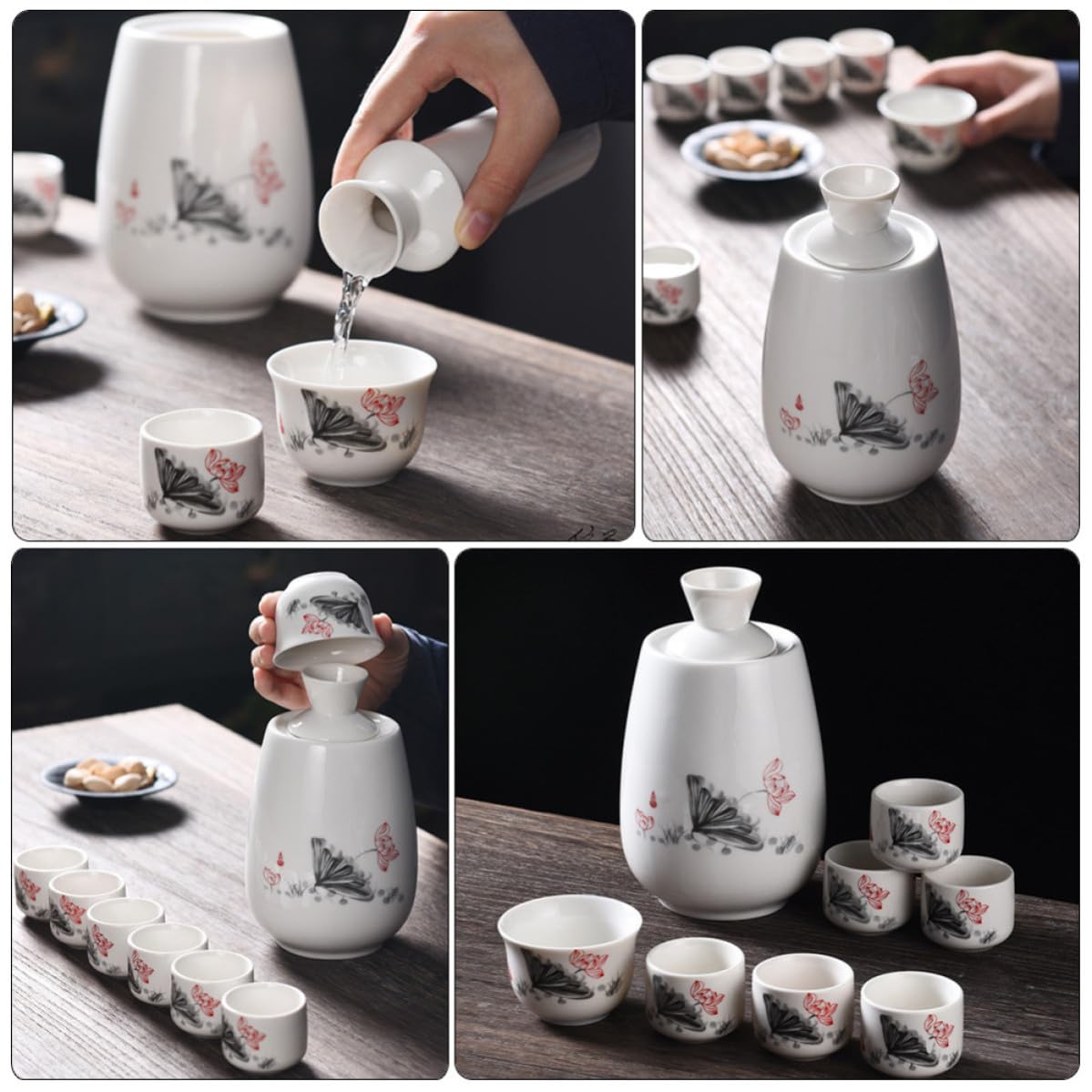 HEALLILY Set da Sakè in Ceramica Bianco Bottiglia Tradizionale e Tazze per Intrattenimento a Casa e Occasioni Speciali, Design Estetico Dipinto a Mano
