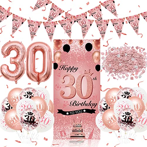 Decoration Anniversaire 30 ans Femme, 30 Ans Décorations Anniversaire de Or Rose, Ballons 30 ans Anniversaire Deco Bannière de Joyeux Décoration, Confettis Rose Gold Déco Anniversaire 30 ans Femme