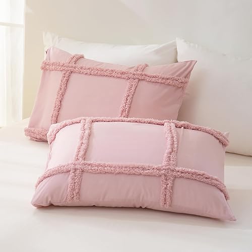 Miniatura 4 de Juego de edredón rosa tamaño Queen, juego de ropa de cama bohemio de chenilla copetuda, ropa de cama bohemia estilo granja Shabby Chic rosa para