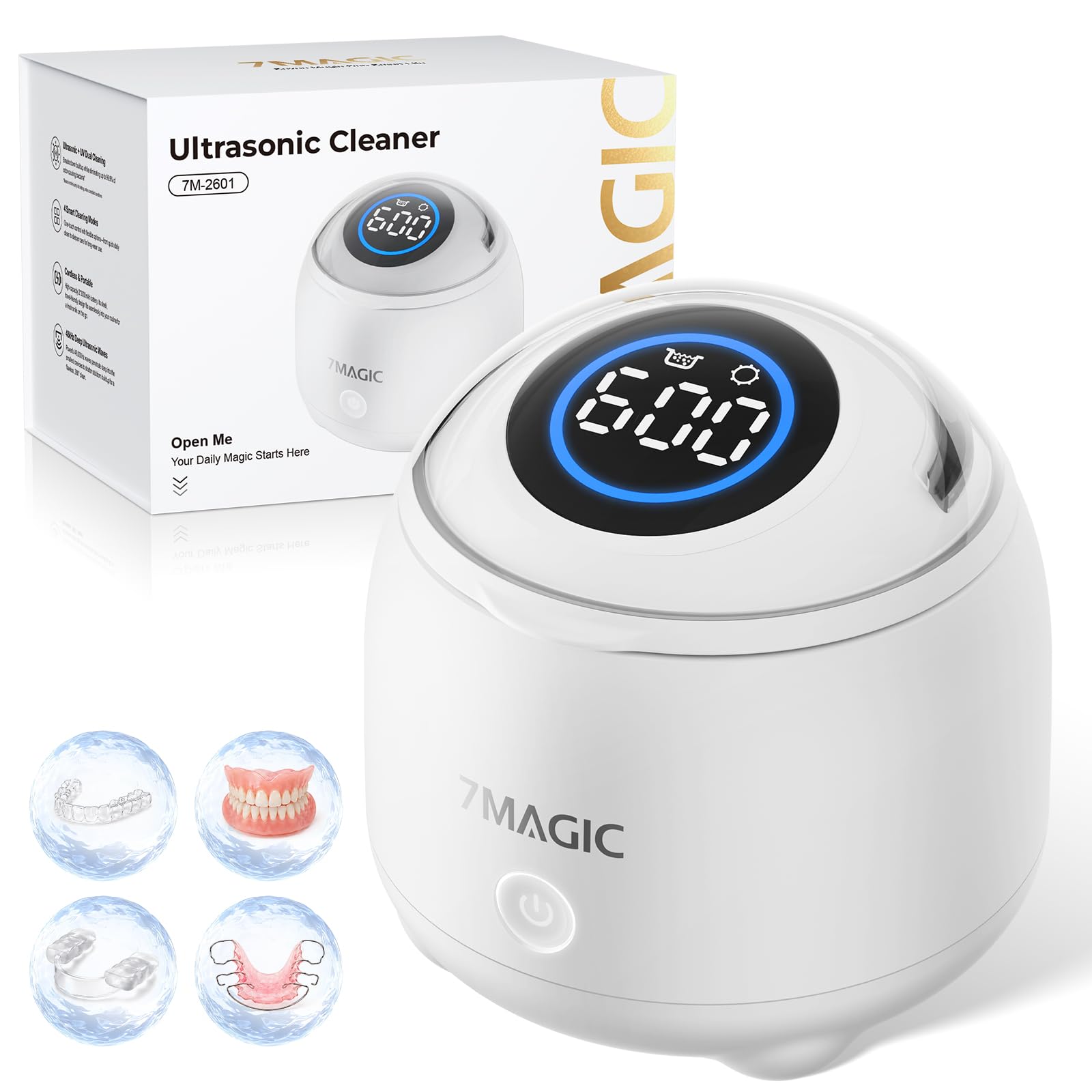 7MAGIC Ultraschallreinigungsgerät für Zahnschienen, 48 kHz, UV-C, Weiß