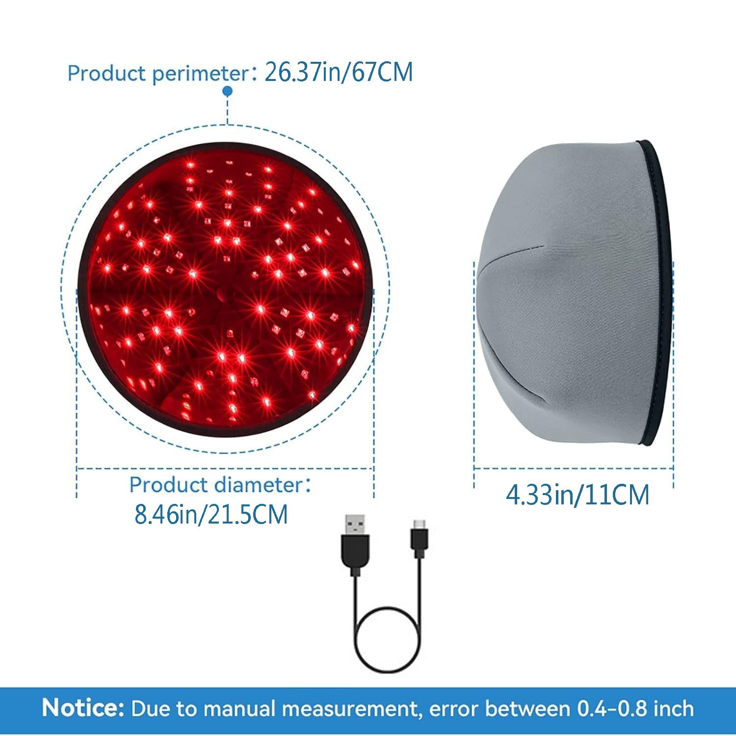 Gorro De Terapia Con Luz Roja LED, Gorro De Terapia Con Luz Infrarroja Para Prevención De La Caída Del Cabello, Modo De Terapia De Luz De 3 Engranajes, Diámetro De La Tapa 21,5 Cm/8,46 Pulgadas