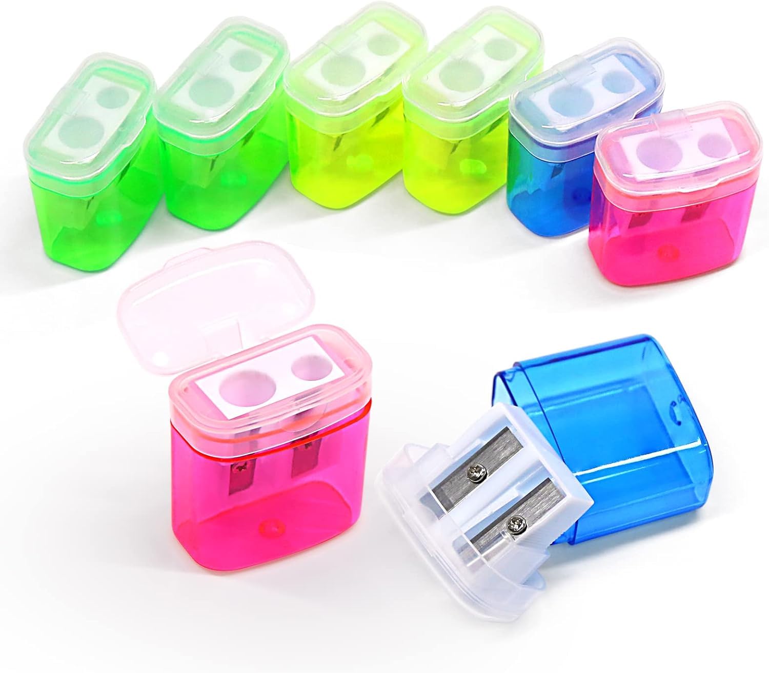 Coloured Pencil Sharpener Handheld, 24 Pcs Small Manual Canister Sharpeners Double Hole with Lid for Kids School Students