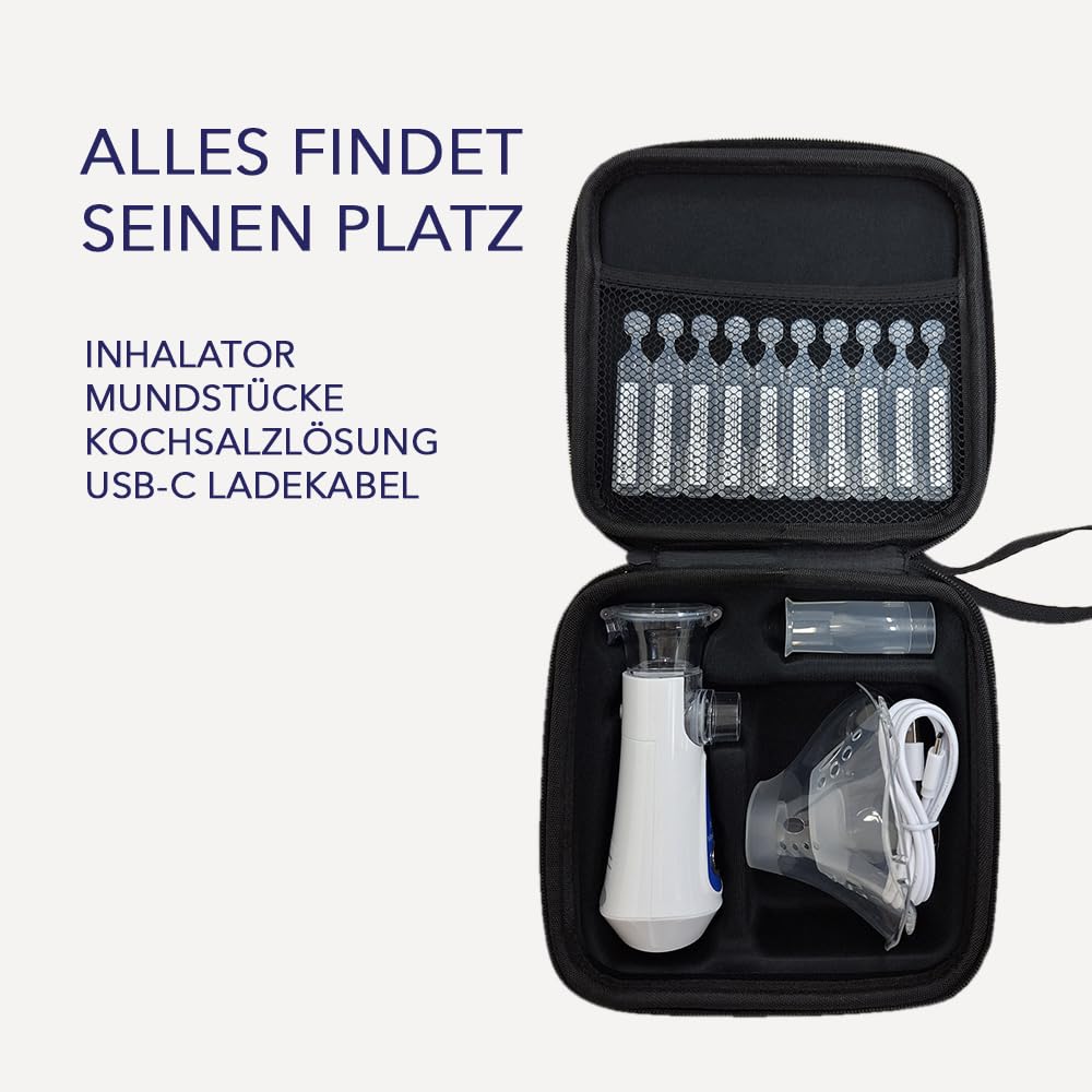 IEA Medical Inhalator Set mit Hardcase+ Kochsalzlösung 0,9% NaCl (20×5 ml) – tragbarer Vernebler/Inhalationsgerät, Mikrovernebelung feiner Nebel, USB-C aufladbar, sterile isotonische Inhalationslösung