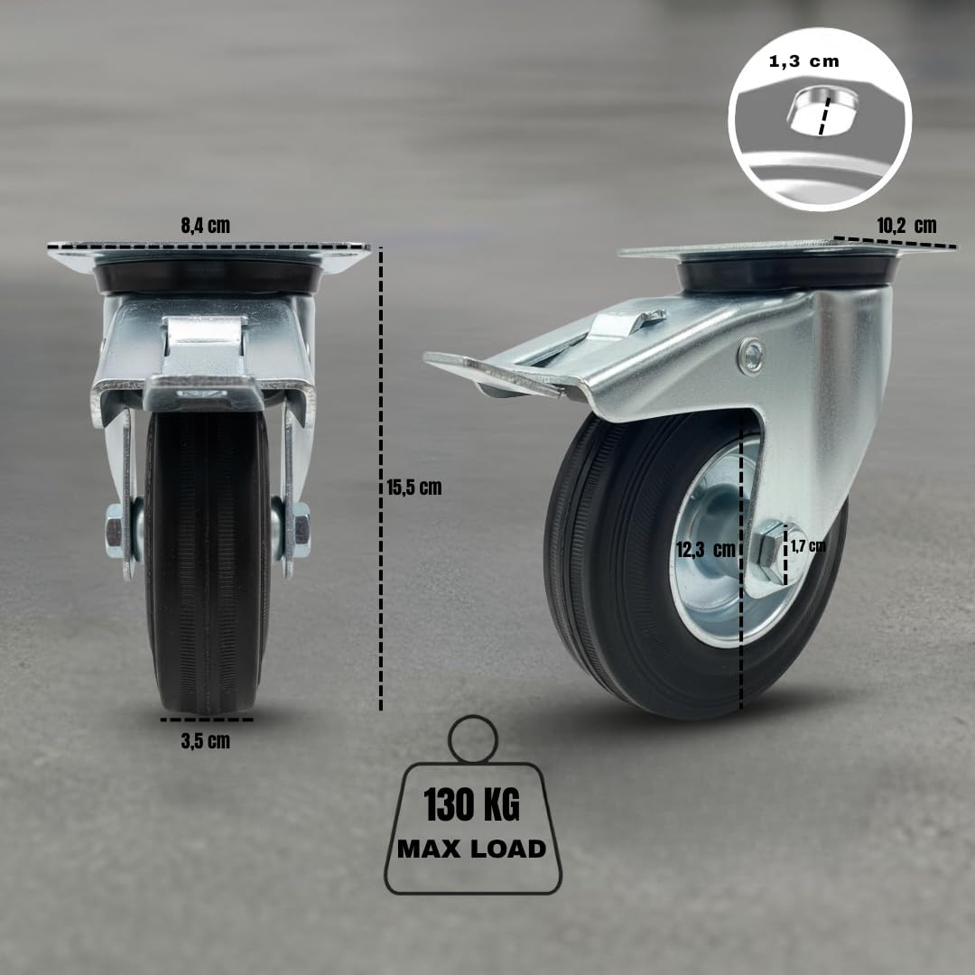 Kółka skrętne z hamulcem 125/100/80 mm CICHE GUMOWE KOŁA PIROETYCZNE DO WÓZKA CIĘŻKIEGO MOBILNYCH OBCIĄŻEŃ, ELEKTRODOMESTYCZNYCH, BANKÓW Roboczych (125 mm, 8)