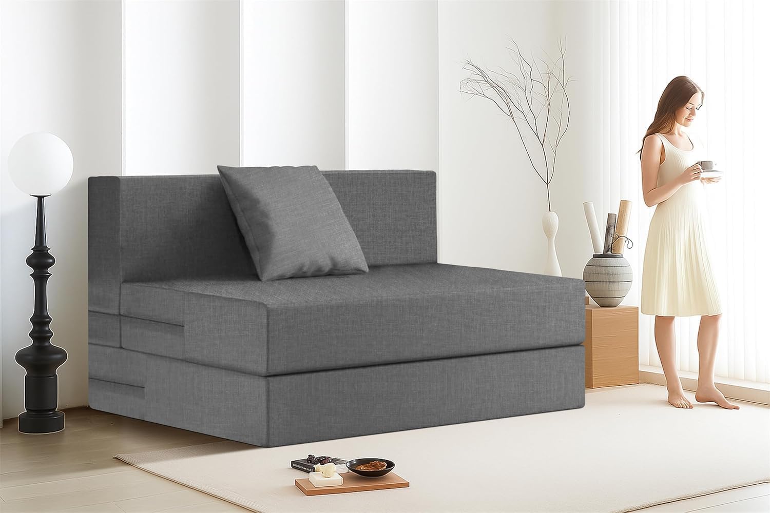 rosebell one-person foldable sofa cum bed | jute fabric | 3x6 ft | lightweight & comfortable with one cushion | perfect for home & office-grey