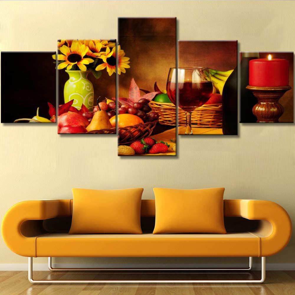 Wine Kitchen Decor Wine Glass Picture for Living Room Red Wine Paintings Beer Cup & Fruit Wall Art 5 Piece Prints on Canvas Sunflower Artwork Giclee House Decor Framed Ready to Hang Gift(50''Wx 24''H)