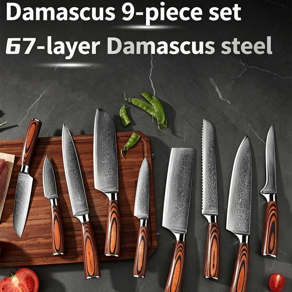 9 PCS Damascus Steel Kitchen Knife Set, Multipurpose Cleaver Slicing Knife & Japanese Cooking Knife, Ultra Durable Razor Sharp Kitchen Cutlery for Daily Food Prep brown
