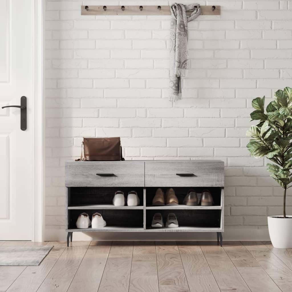 Szafka na buty Sonoma szara, 102 x 35 x 55 cm, materiał drewnopochodny z 2 szufladami i 4 półkami, rozwiązanie do przechowywania, styl przemysłowy, żelazne nogi, wytrzymała płyta siedziska