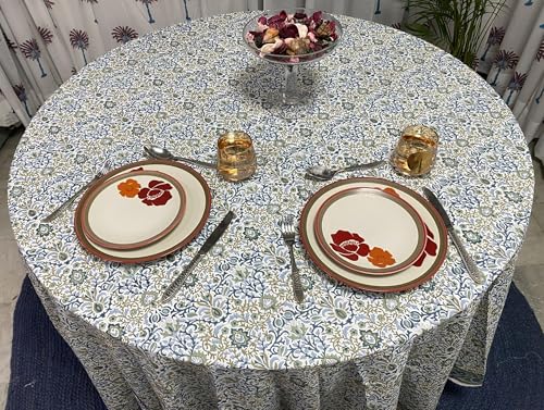 Ridhi Round Tablecloth Hand Block Print 100% Cotton Reusable Indigo Flower 90 Inch Table Cover Decorative Everyday Use for Dining, Home, Party, Wedding, Farmhouse, Party Gift for Spring, Mother's Day by Ridhi - Used condition - Image 2
