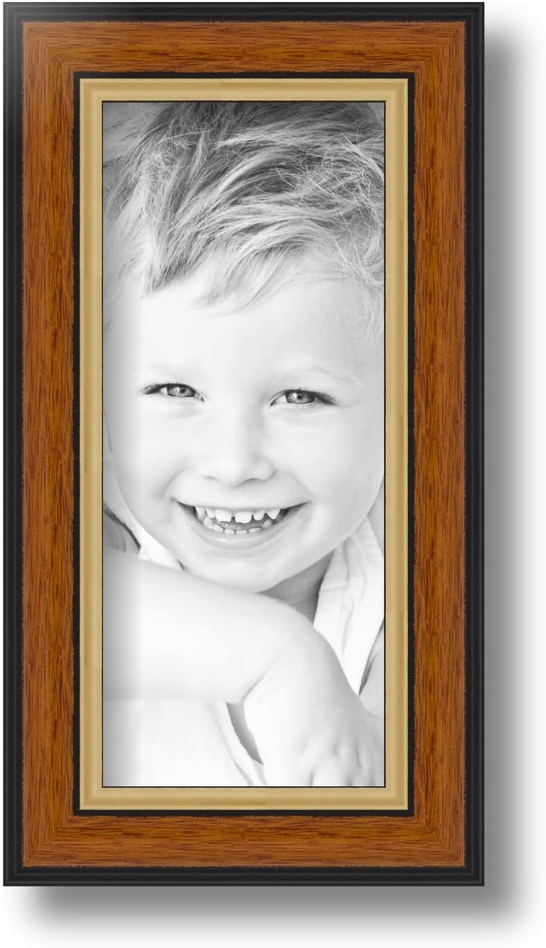 ArtToFrames 4x9 Inch Brown Picture Frame, This 1.25 Inch Custom MDF Poster Frame is Honey with Gold - Comes with Regular Glass and Corrugated Backing (2WOM0066-83120-YHNY-4x9)