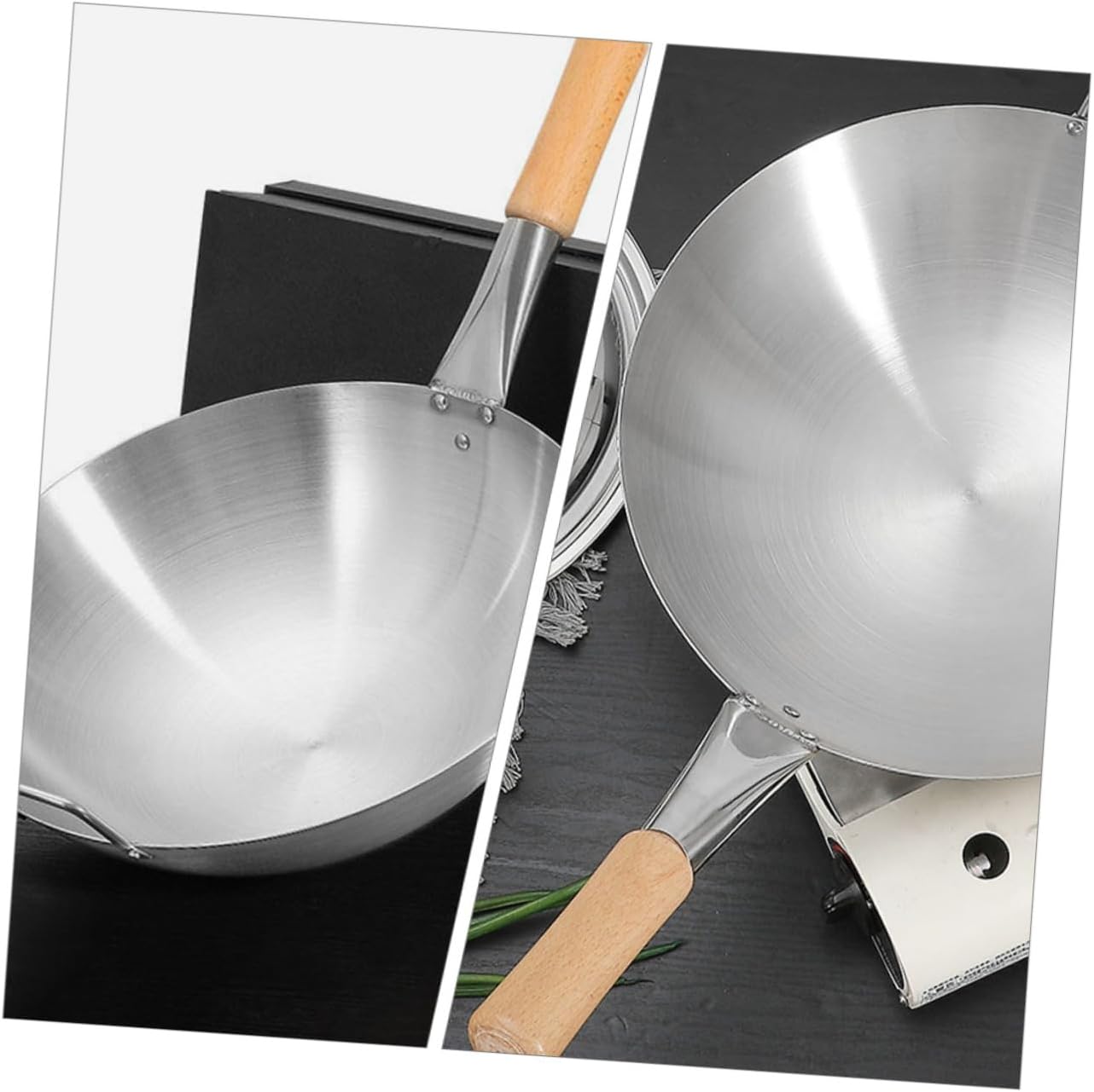 Stainless Steel Wok with Wooden Handle for Stove Cooking Multipurpose Frying Pan for Stir Fry Steam and Hot Pot Metal Cookware with Heat Resistant Handle