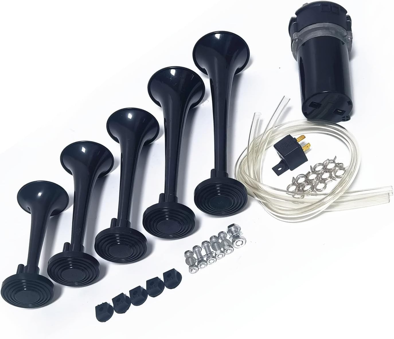 Trompette musicale Dixie Haut - parleur air cornet 165db Car Horn Trompette d'air Klaxon de voiture noir à cinq tubes Corne multifréquence étanche avec pompe à air pour 12V voiture camion ect